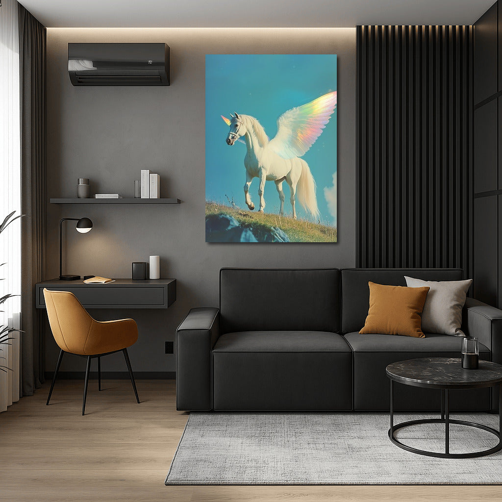 Flight of Fantasy: Winged Unicorn in the Sky Blue