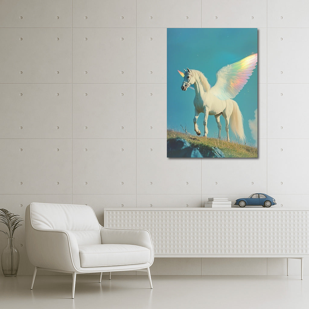Flight of Fantasy: Winged Unicorn in the Sky Blue