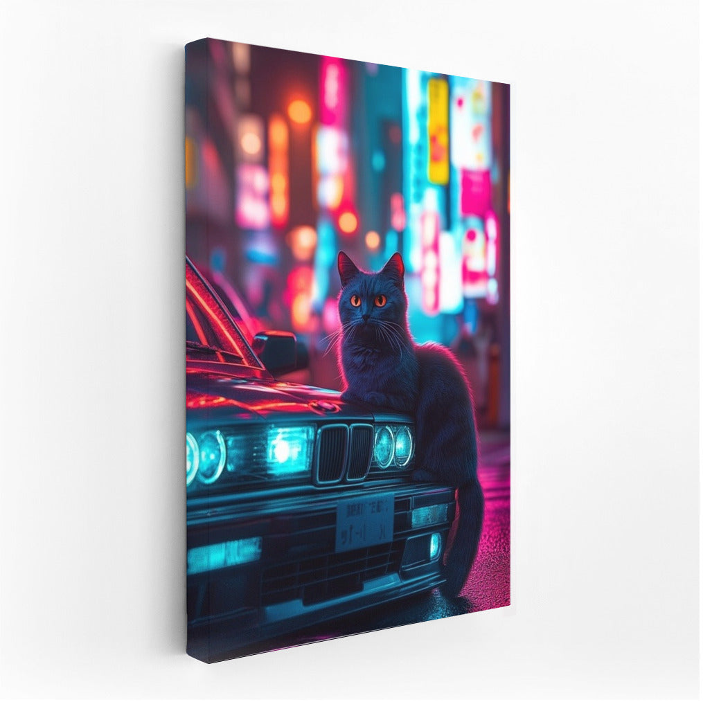 Neon Guardian: Cat and BMW E30 in the Night Dance