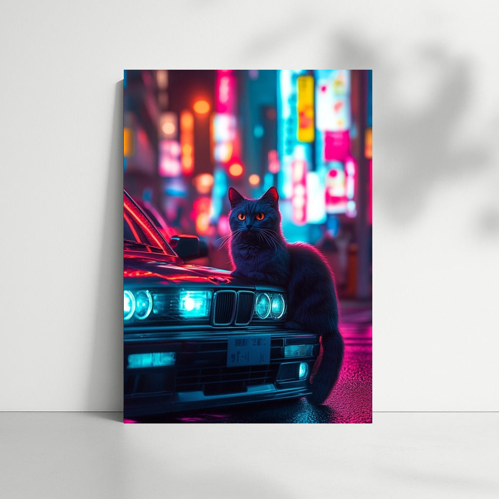 Neon Guardian: Cat and BMW E30 in the Night Dance