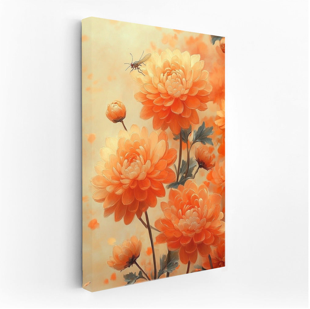 Dance of a dragonfly among orange petals