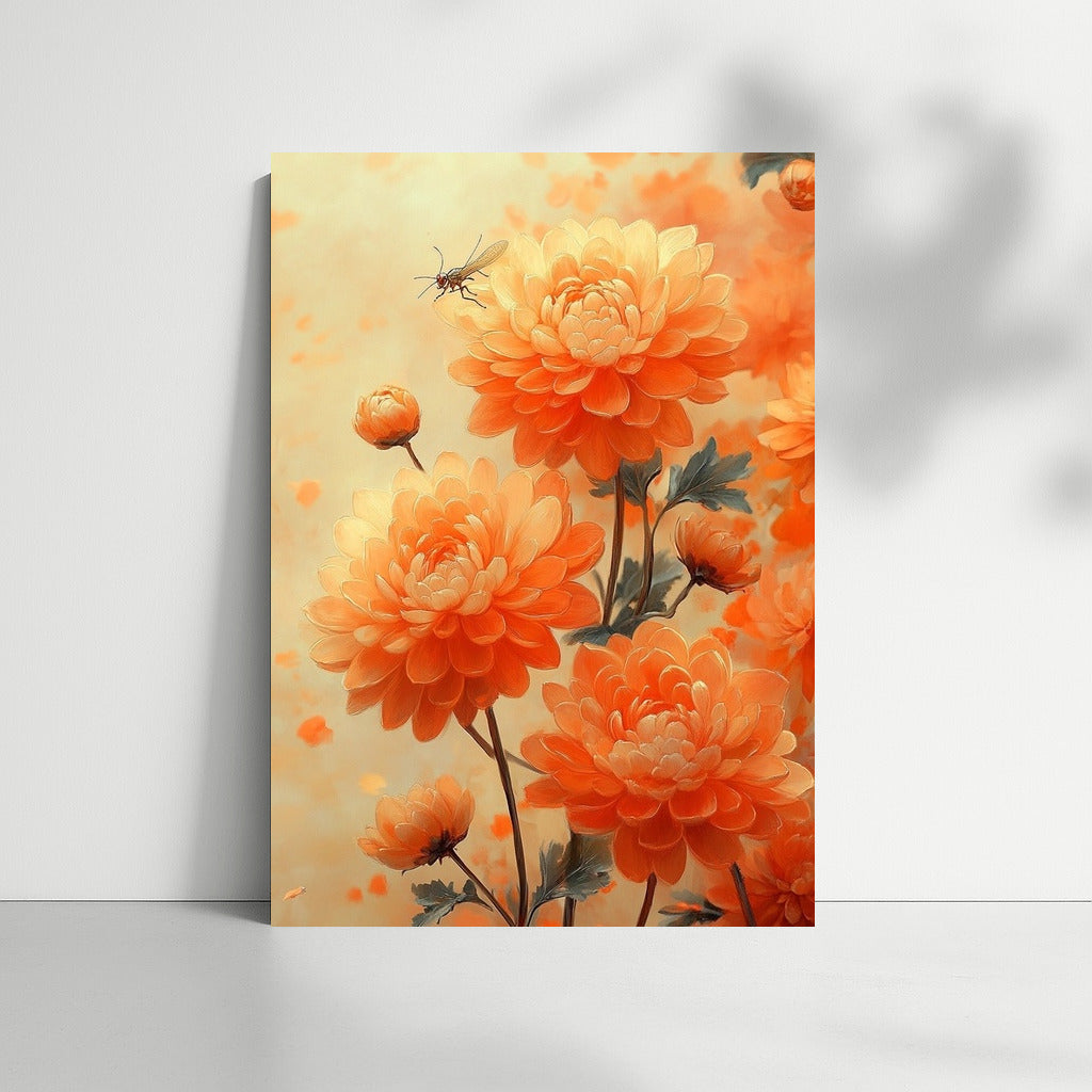 Dance of a dragonfly among orange petals