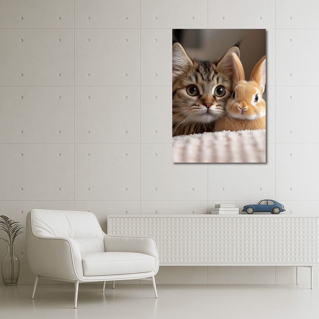Soft Symphony: Kitten and Rabbit in the Embrace of Comfort