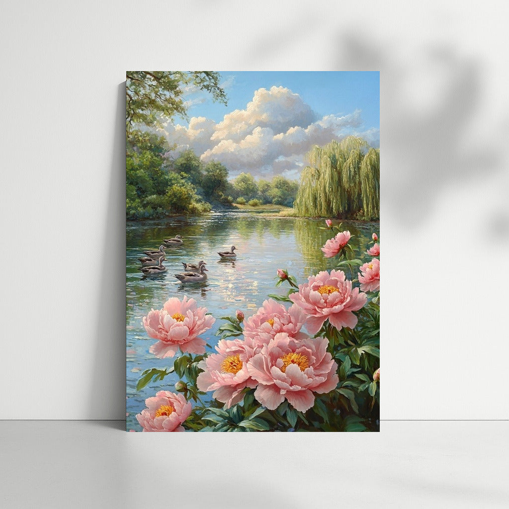 Morning Ballet of Peonies and Ducks