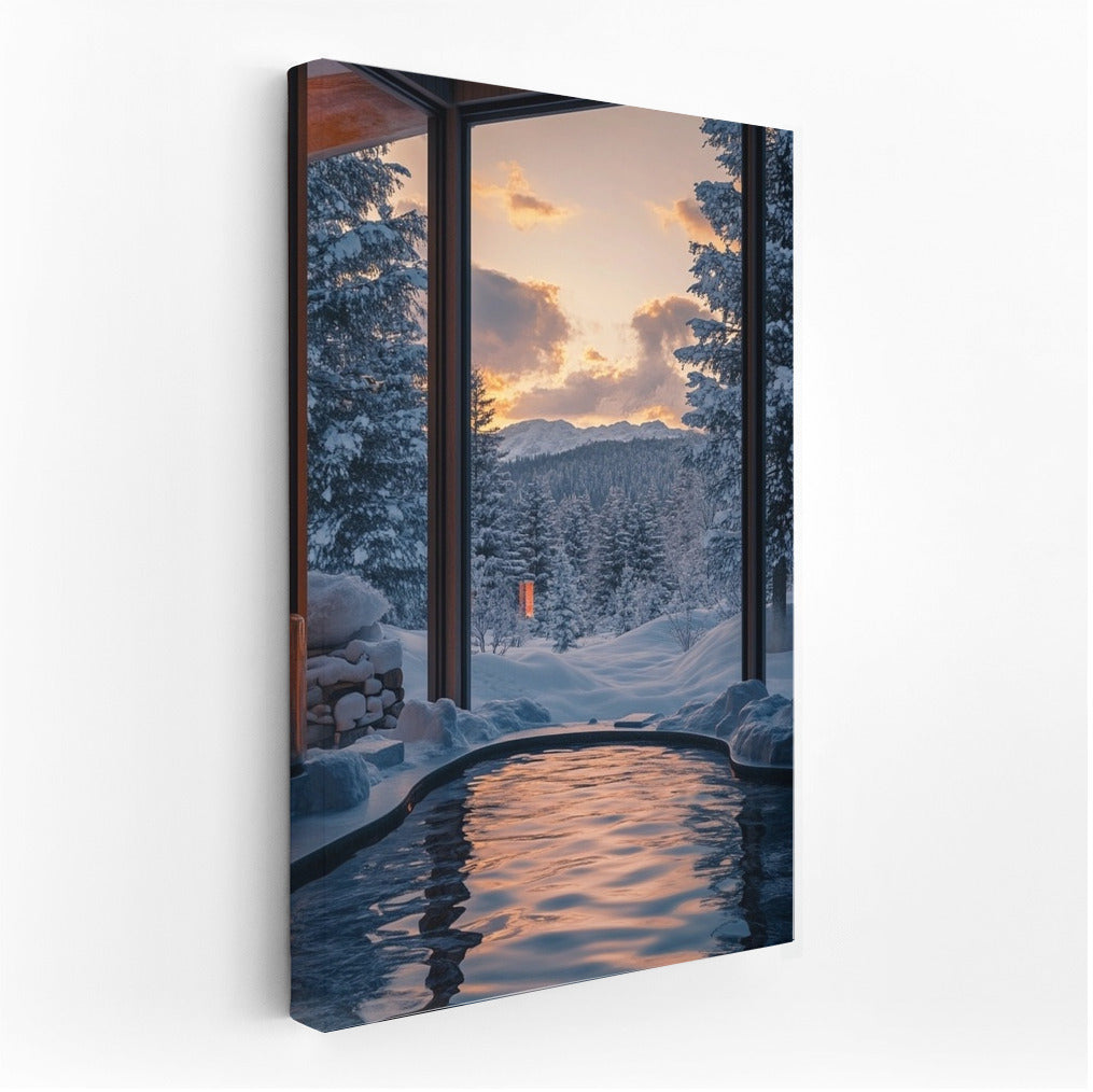 Warmth of winter twilight: view from the pool to the mountains and forest