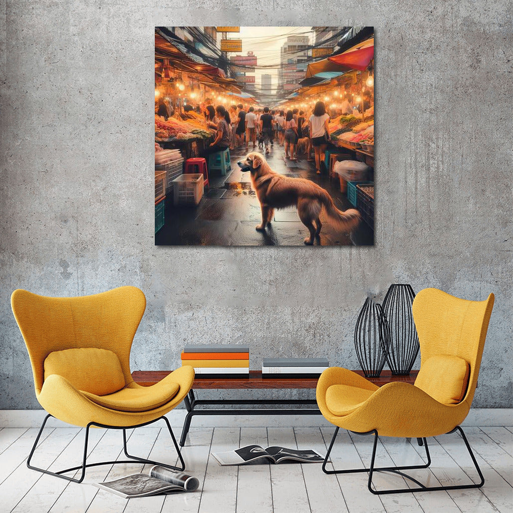 Street market in lantern light with smiling dog