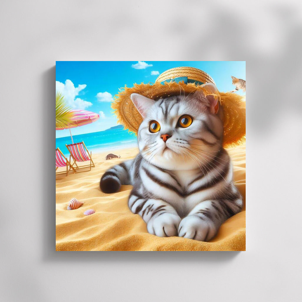 Fluffy Cat in a Hat on the Summer Beach