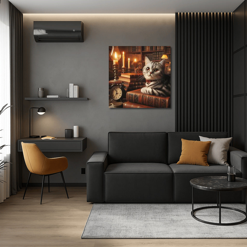 Cat in the Warmth of Lamps and Books: A Cozy World of Wall Decor