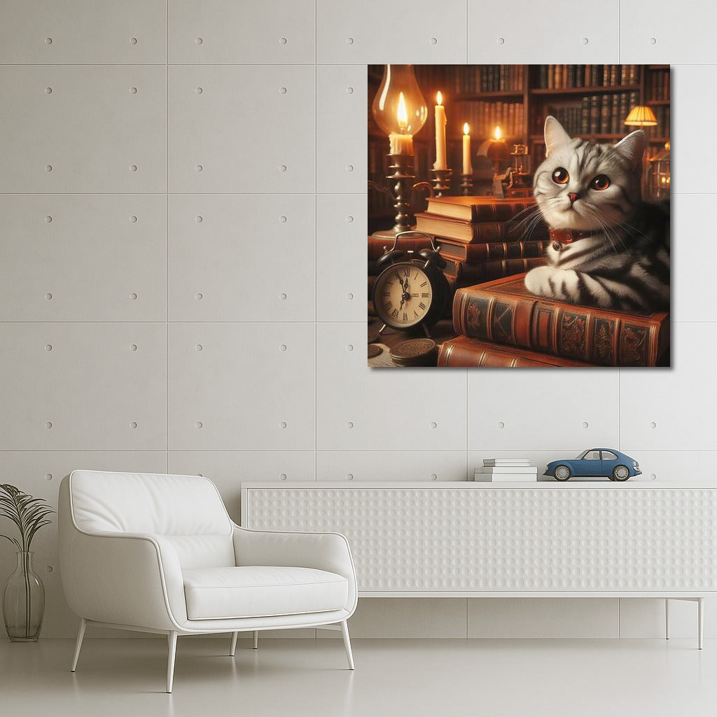 Cat in the Warmth of Lamps and Books: A Cozy World of Wall Decor