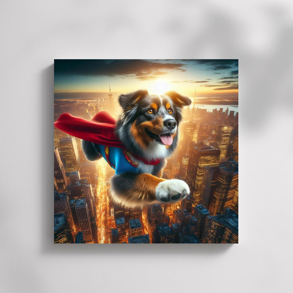 Australian Shepherd Superhero: City Savior in Flight