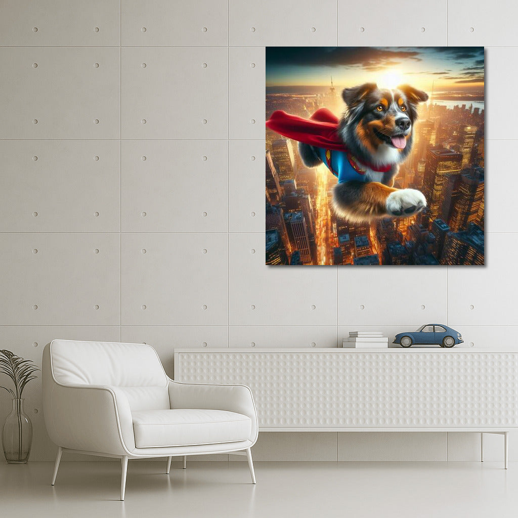 Australian Shepherd Superhero: City Savior in Flight