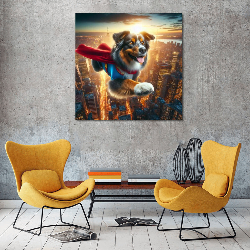 Australian Shepherd Superhero: City Savior in Flight