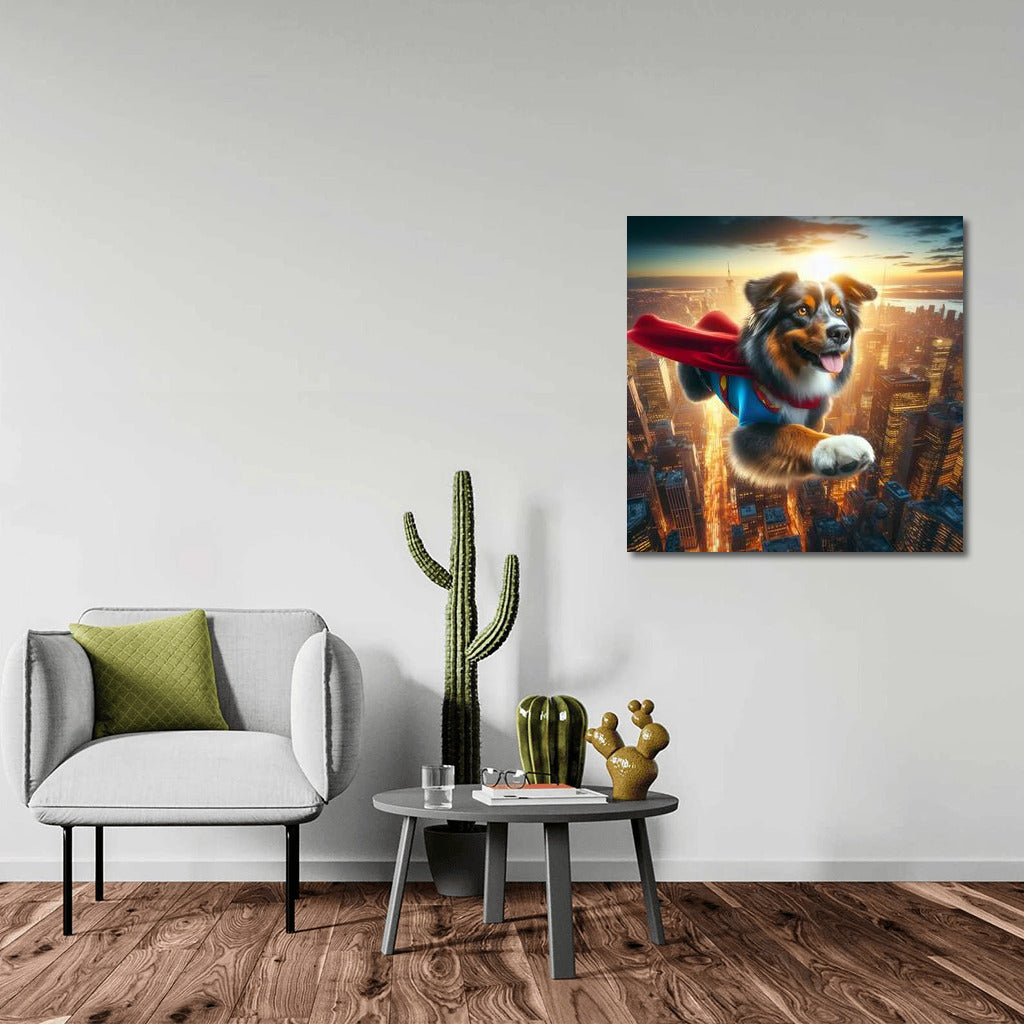 Australian Shepherd Superhero: City Savior in Flight