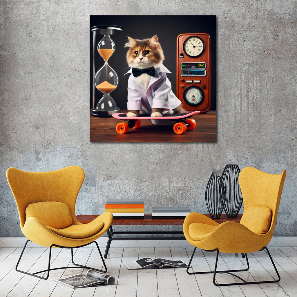 Back to the Future: Scientist Cat on a Hoverboard with a Time Machine