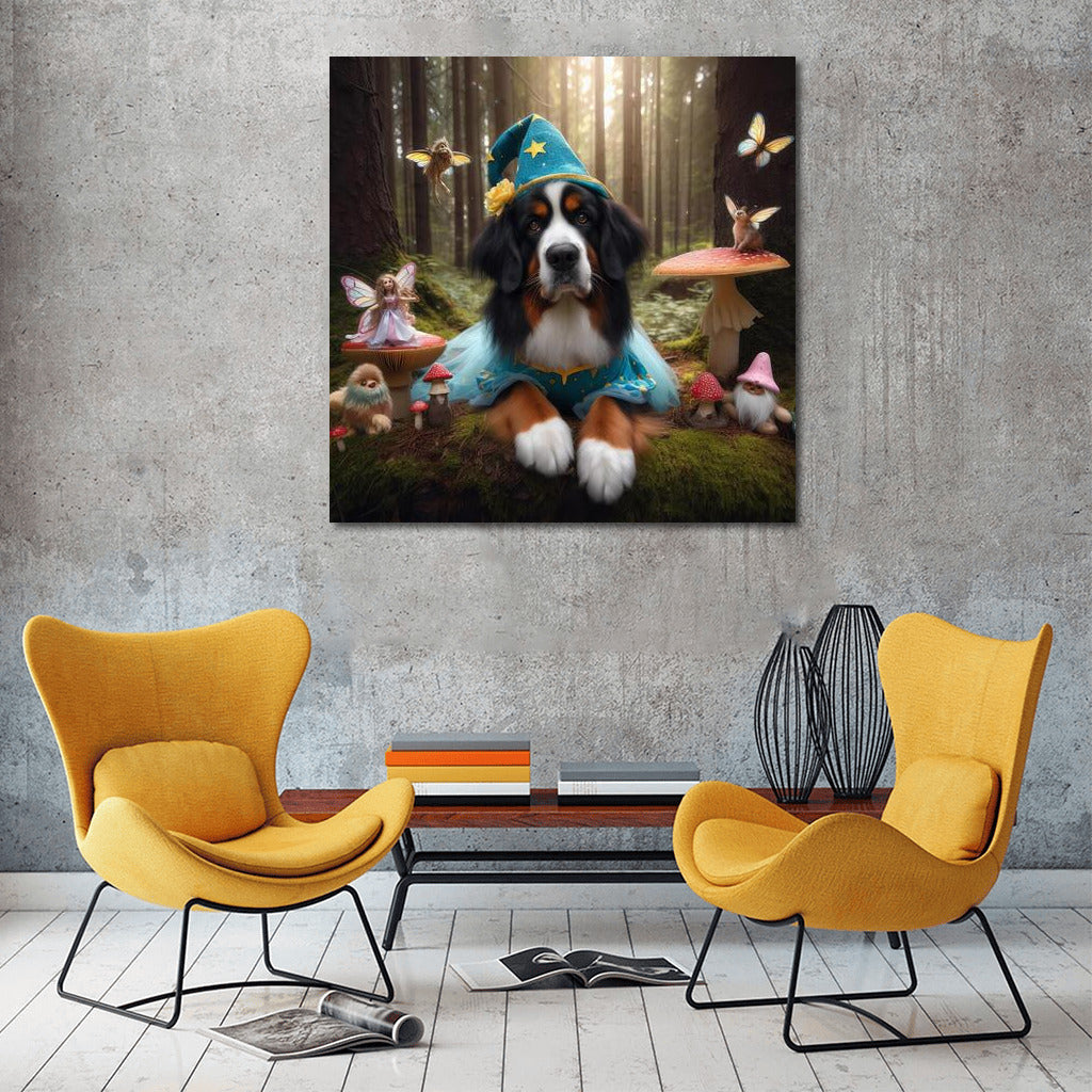 Bernese Mountain Dog in the Magical Forest: Fairytale Fairies and Mushrooms