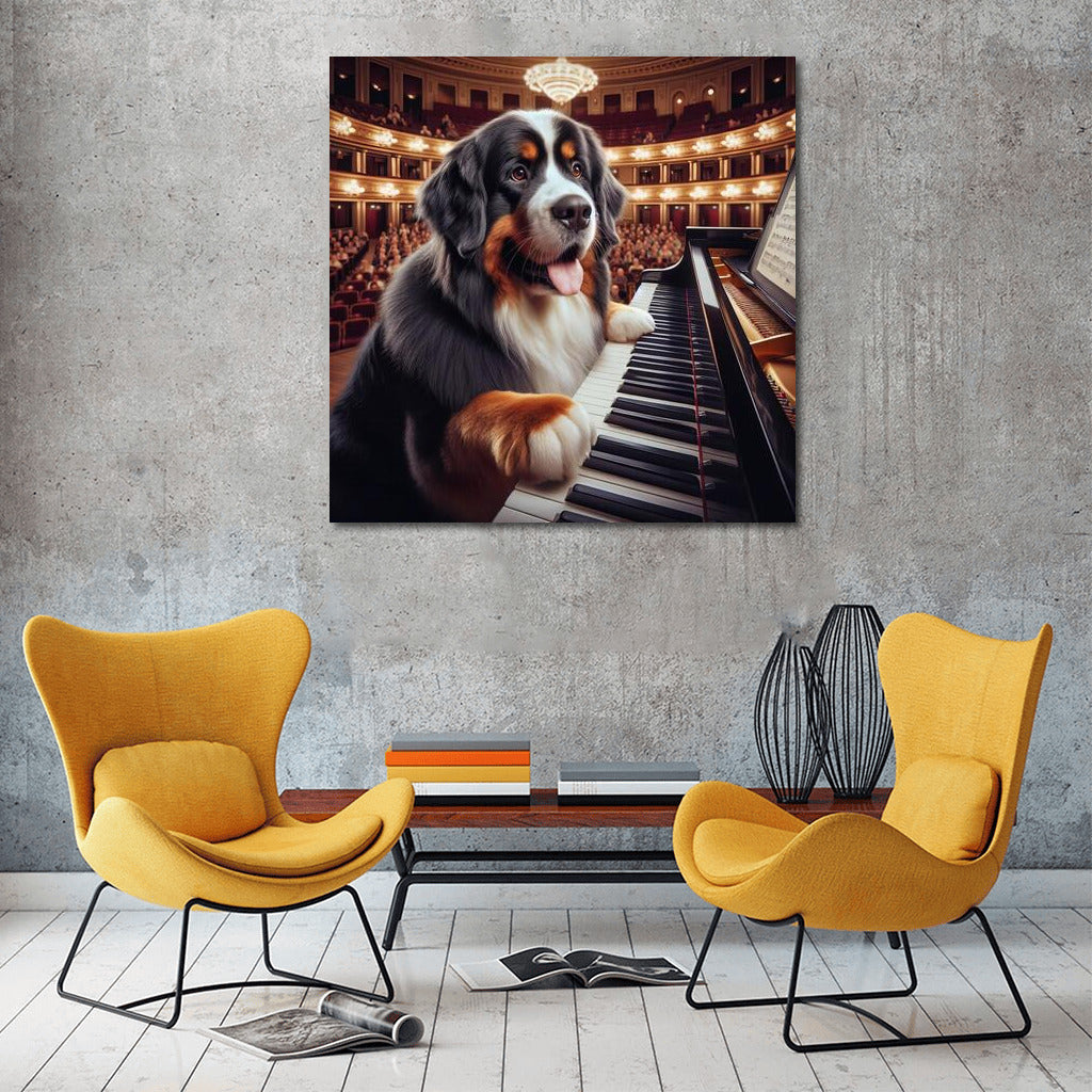 Bernese Mountain Dog: Virtuoso on the piano in the concert hall