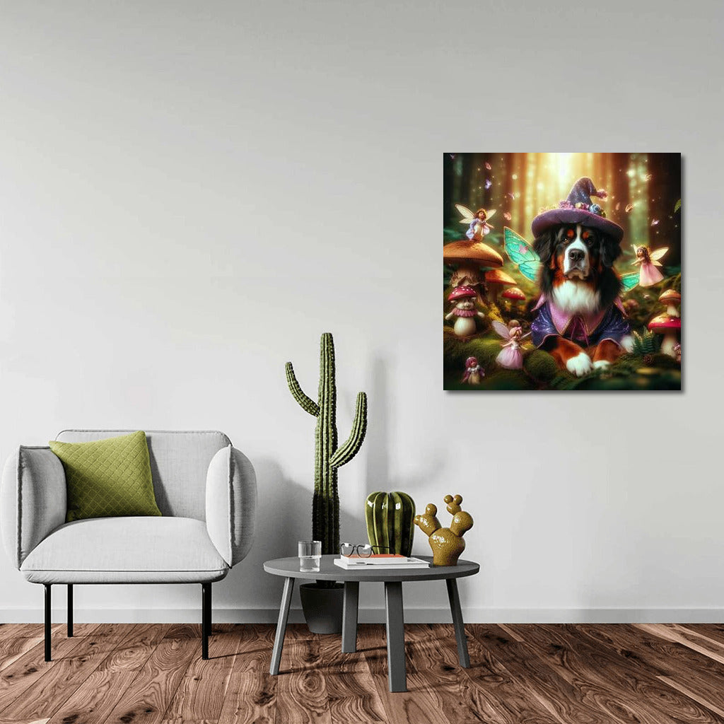 Bernese Mountain Dog in the Magical Forest: Fairytale Fairies and Mushrooms