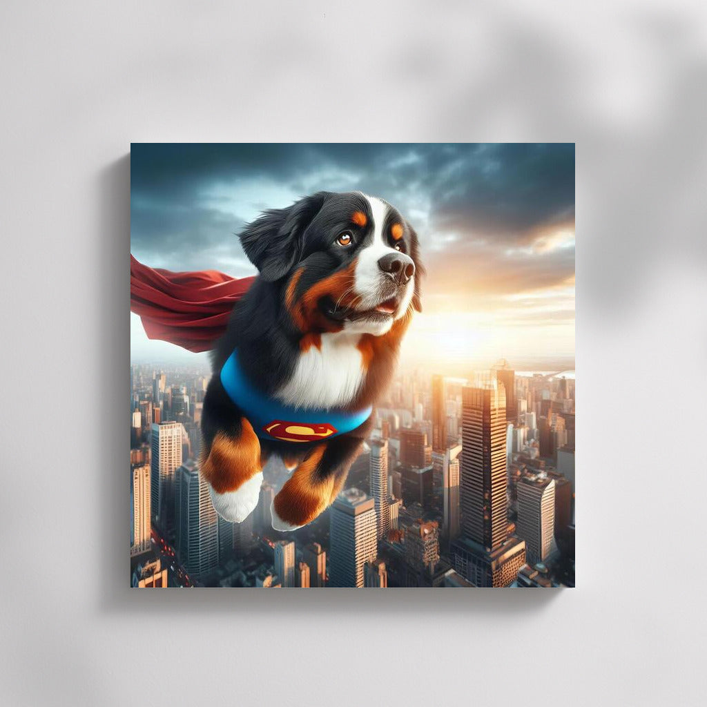 Bernese Mountain Dog Superhero: Flight Over the City
