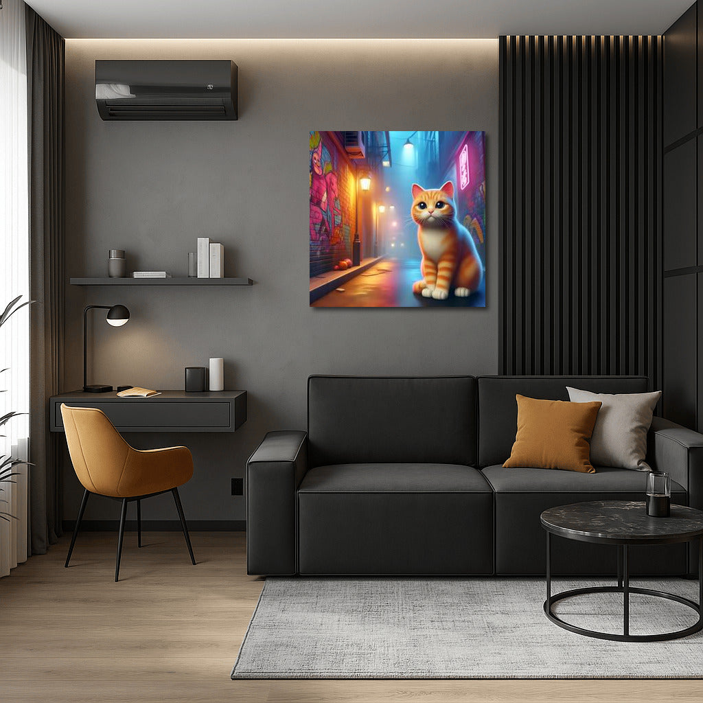 Neon Cat in City Lights: Journey Down the Alley