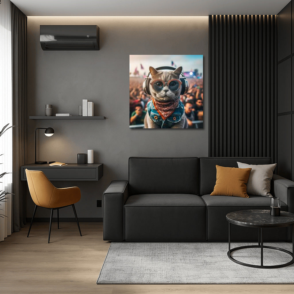 Festival Cat in Headphones: Musical Style for Interior