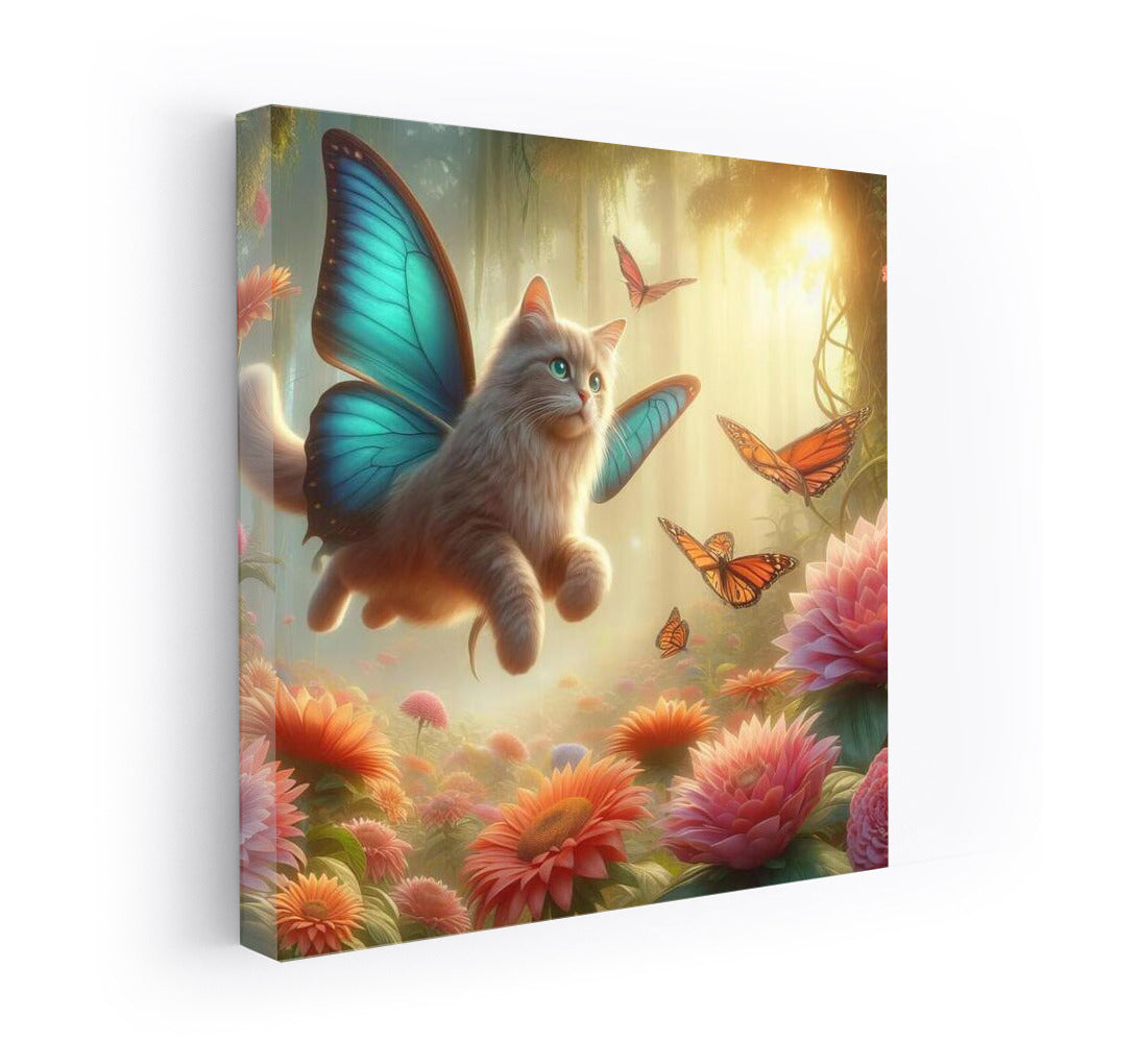 Cat on Butterfly Wings: Flight in the Magical Forest among Giant Flowers
