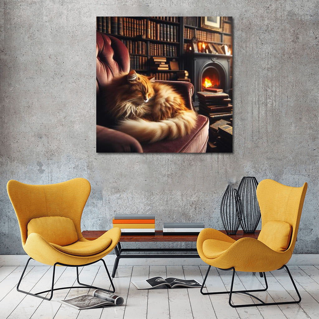 Cat in the Cozy Library: Gentle Charm and Warmth
