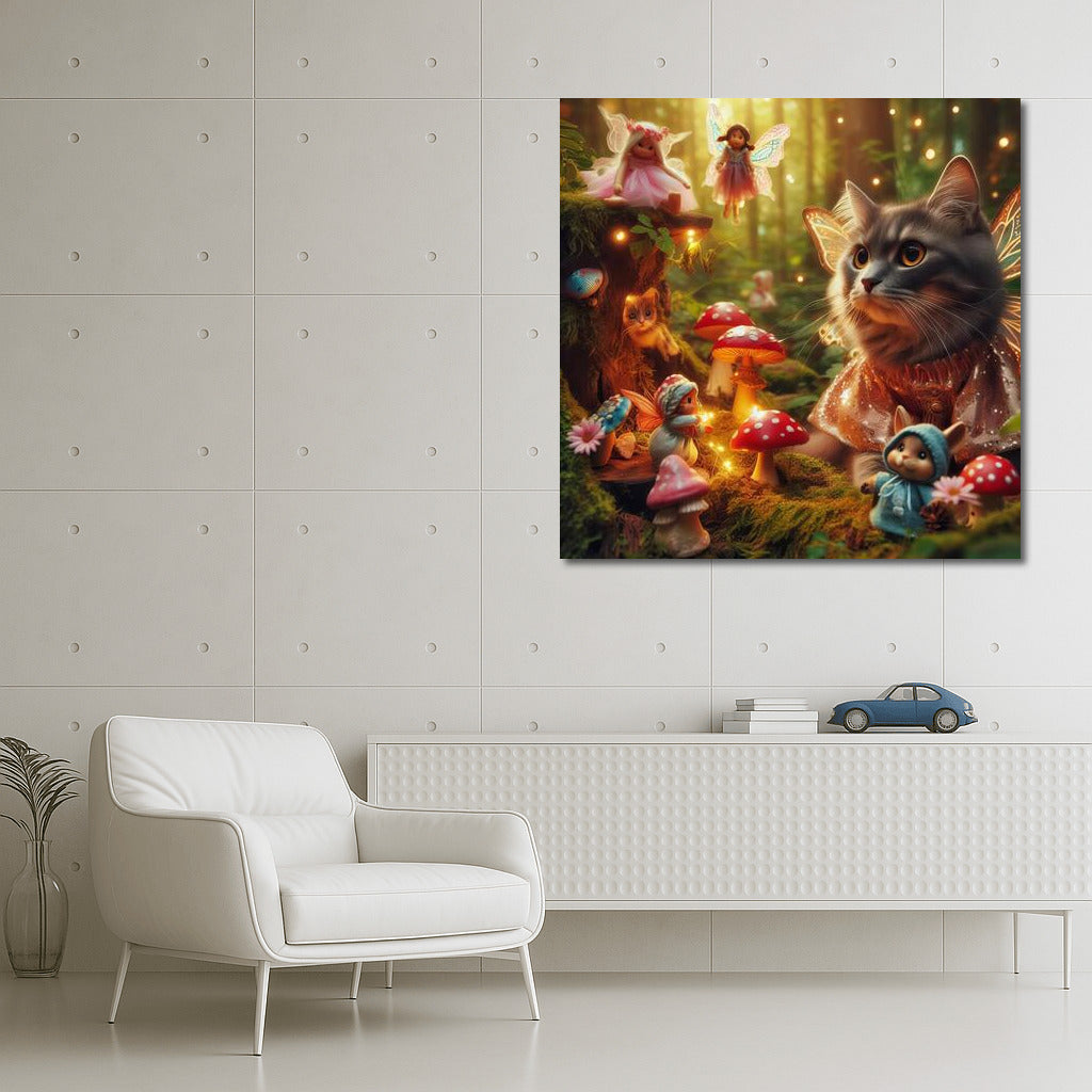 Magical Cat in the Fairytale Forest: Magical Creatures and Mushrooms