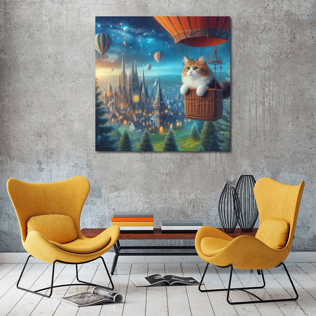 A cat's air journey over a fairytale city