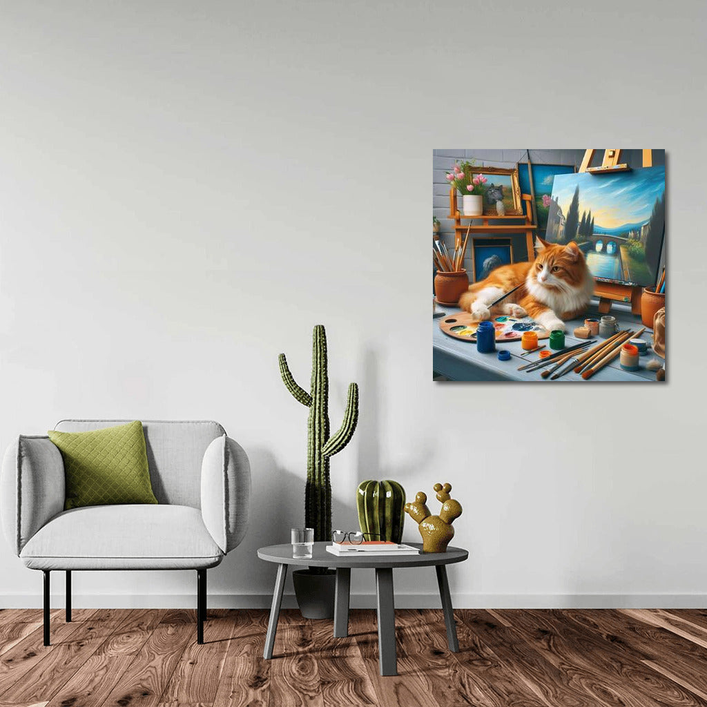 Cat-artist in a creative workshop: the magic of brushes and paints