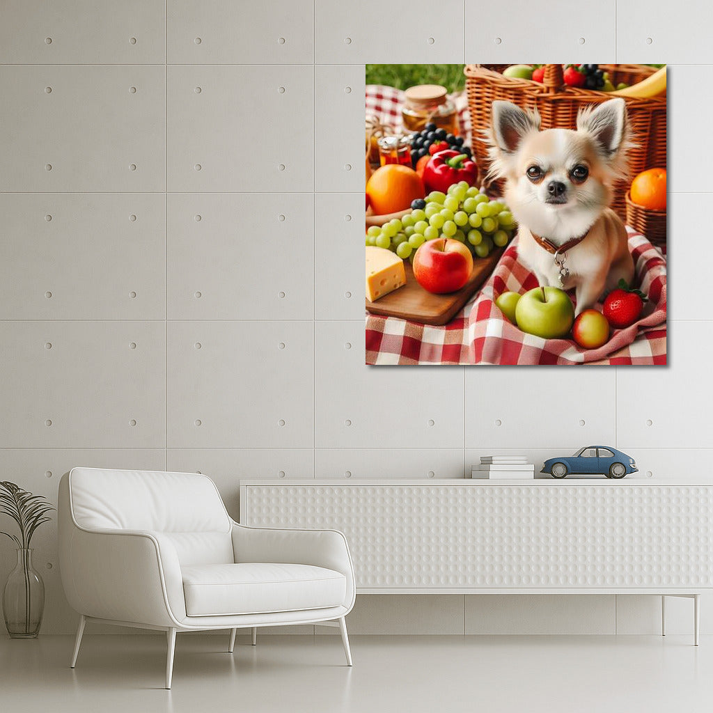 Chihuahua on a Picnic: Blanket, Fruit and Cheese