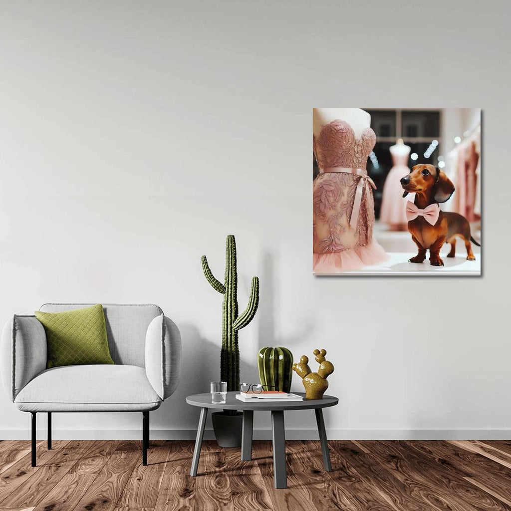 Elegance and Charm: Dress and Dog in a Tie for the Interior
