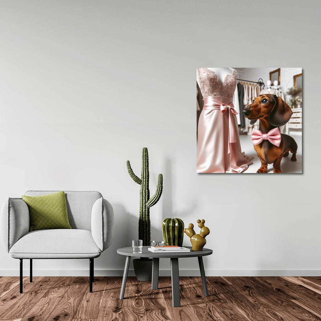 Dachshund in Pink Bow Tie Among Evening Dresses: The Perfect Gift for Fashion and Dog Lovers