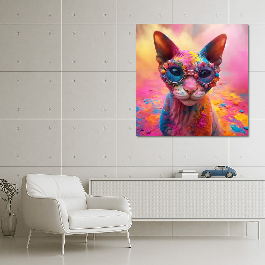 Devon Rex cat in a whirlwind of colours at the Holly Festival