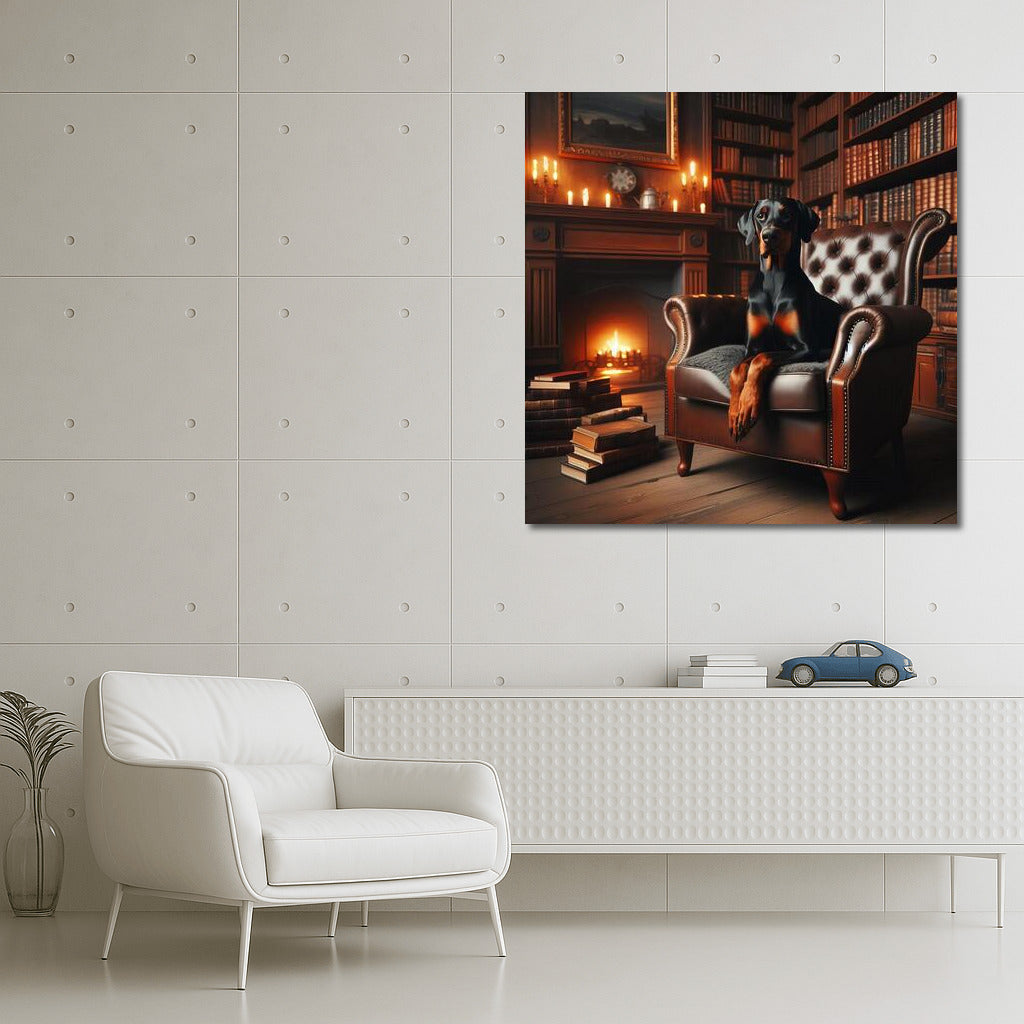 Doberman in the Cozy Library: Elegance and Intelligence on Your Wall