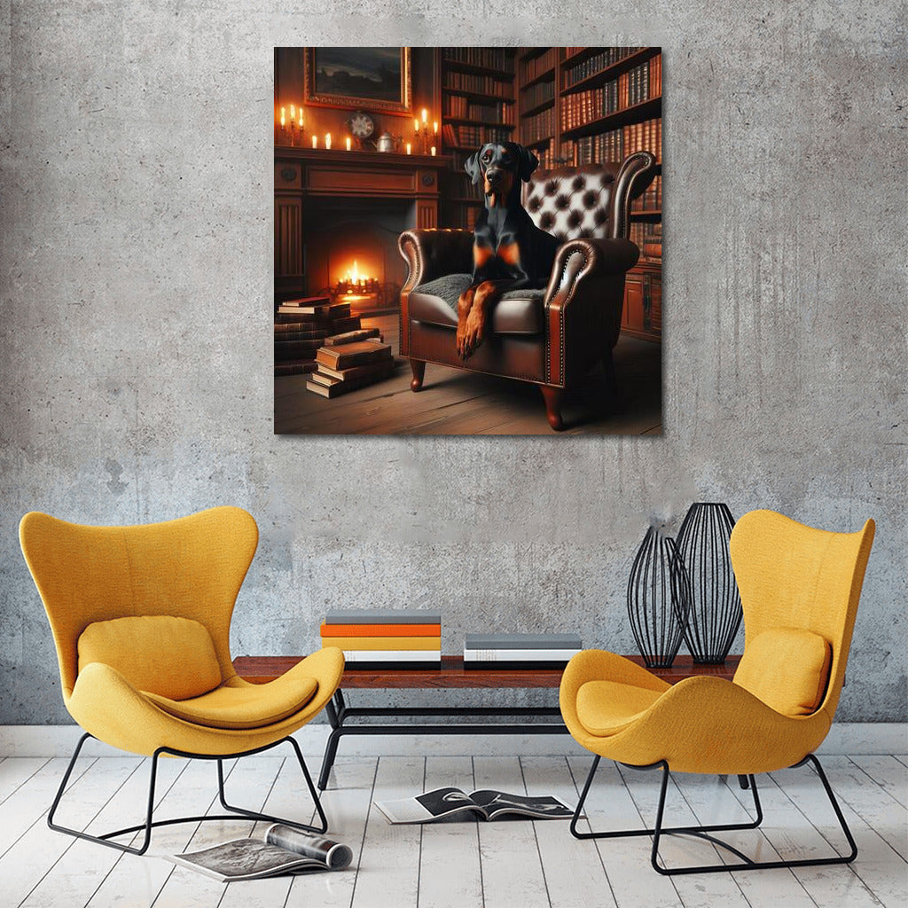 Doberman in the Cozy Library: Elegance and Intelligence on Your Wall