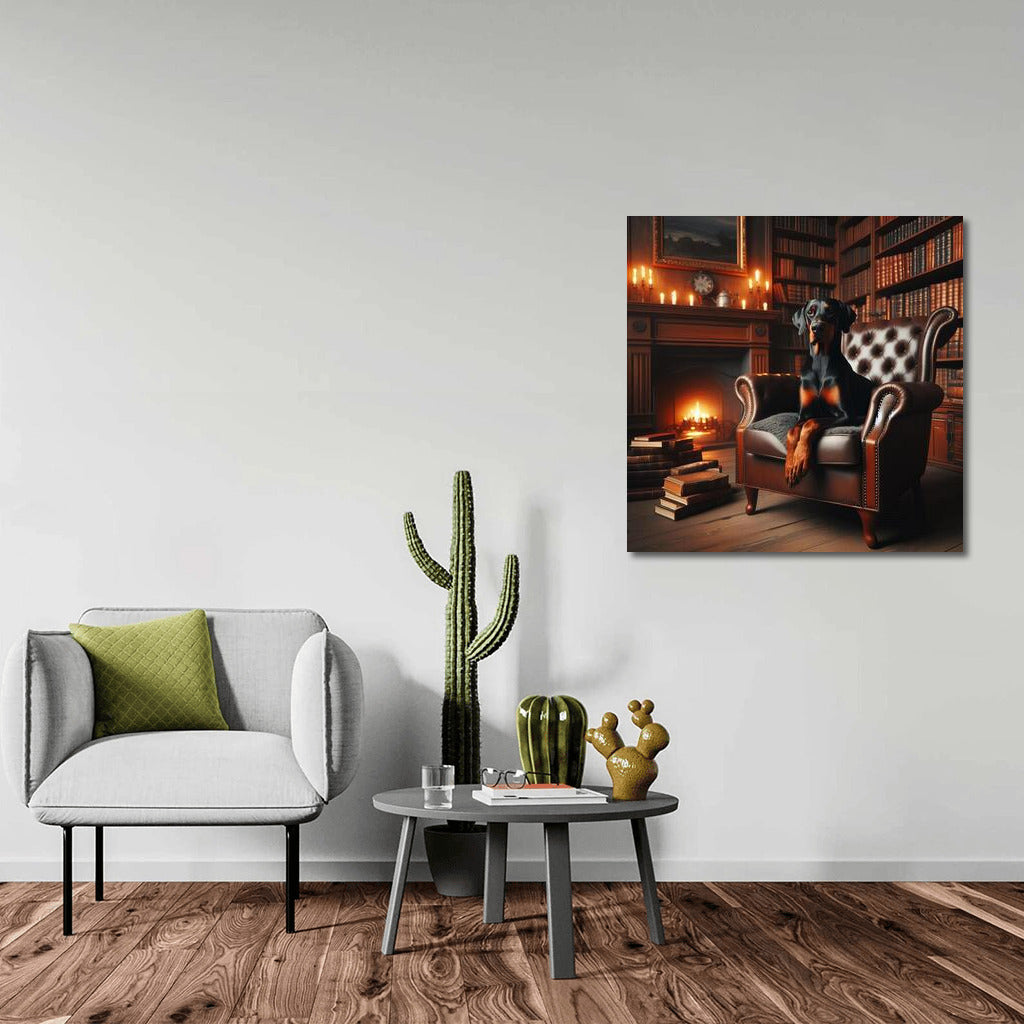 Doberman in the Cozy Library: Elegance and Intelligence on Your Wall