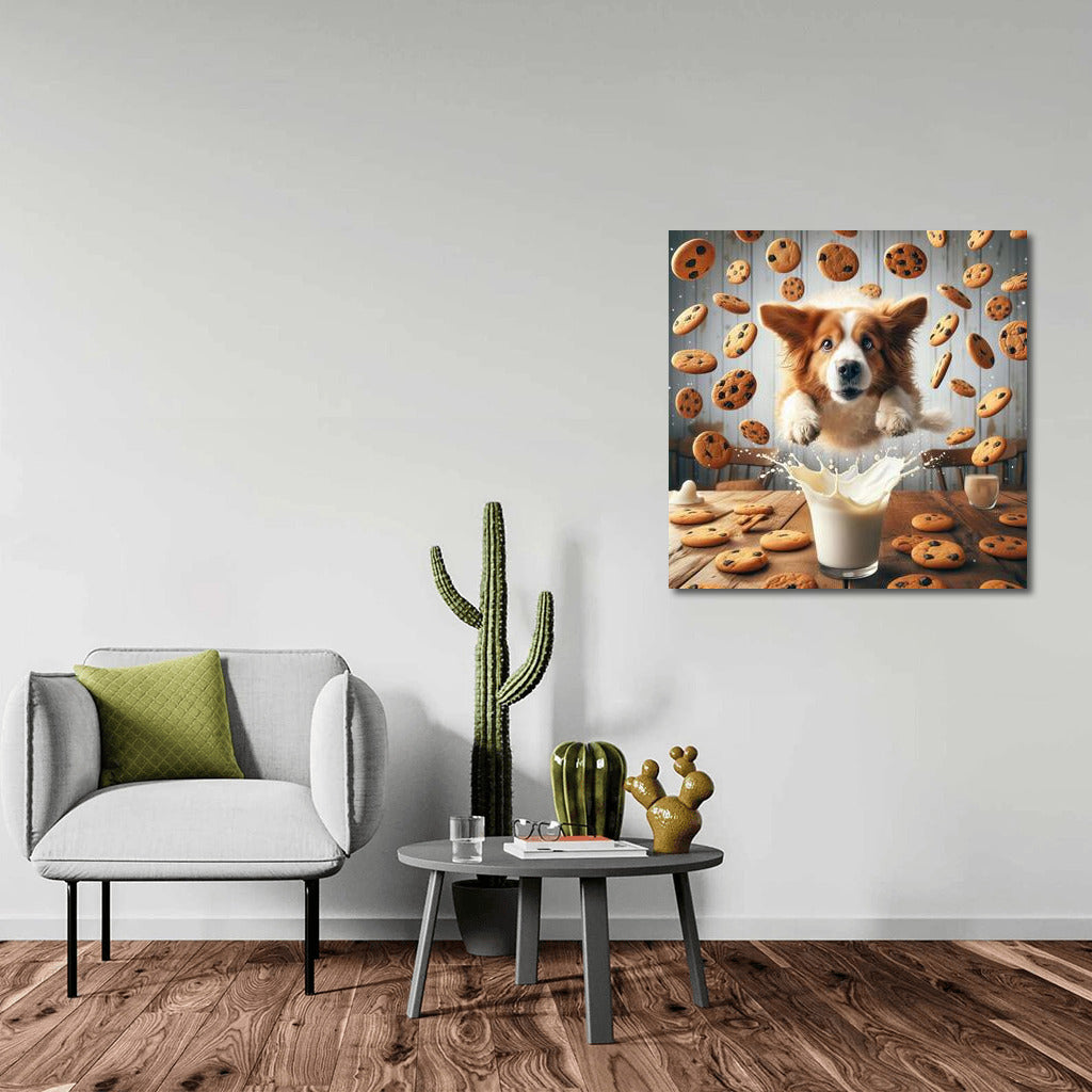Dog in a milk pool with cookies: a fun kitchen decoration