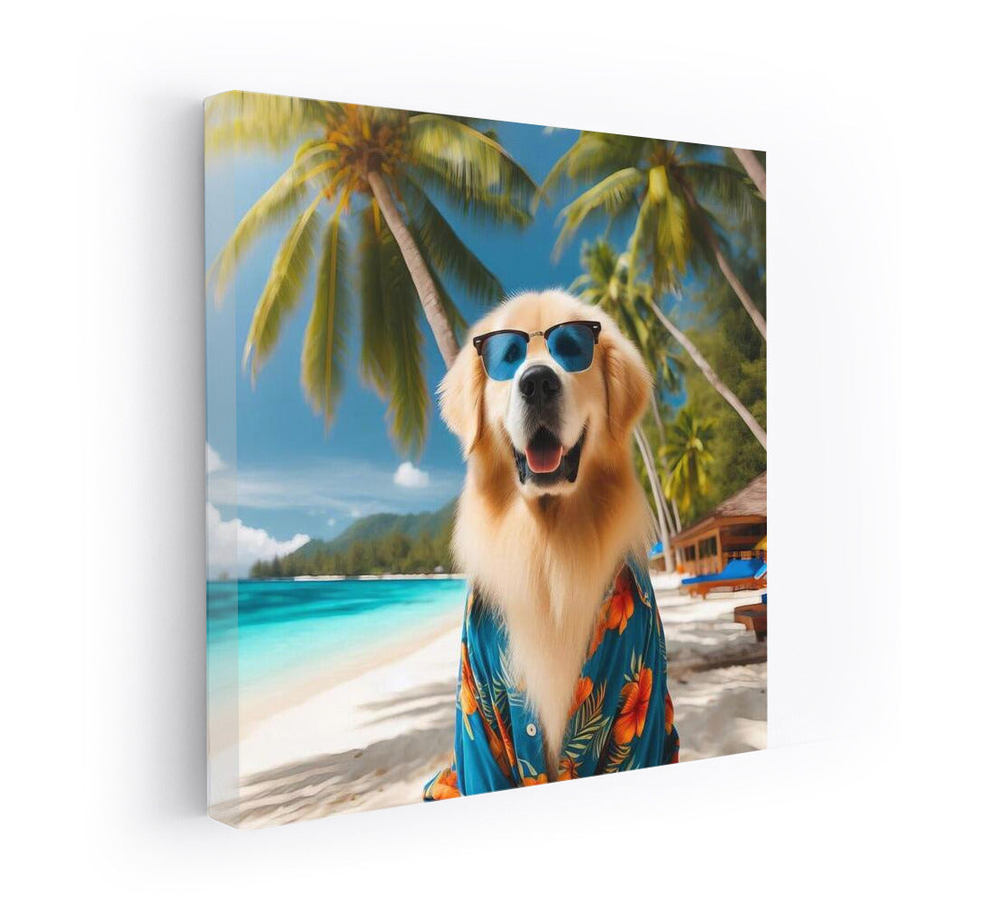 Stylish Dog In Hawaiian Shirt On Tropical Beach