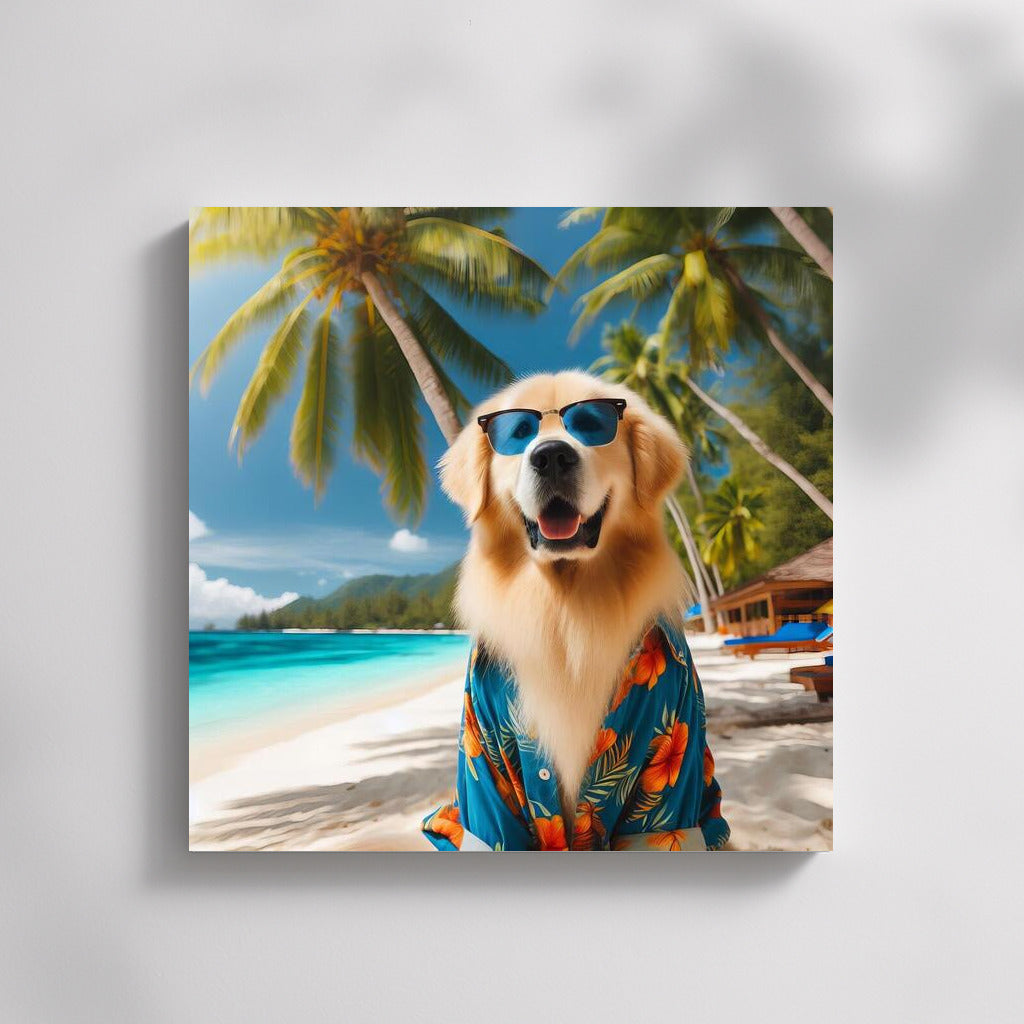 Stylish Dog In Hawaiian Shirt On Tropical Beach