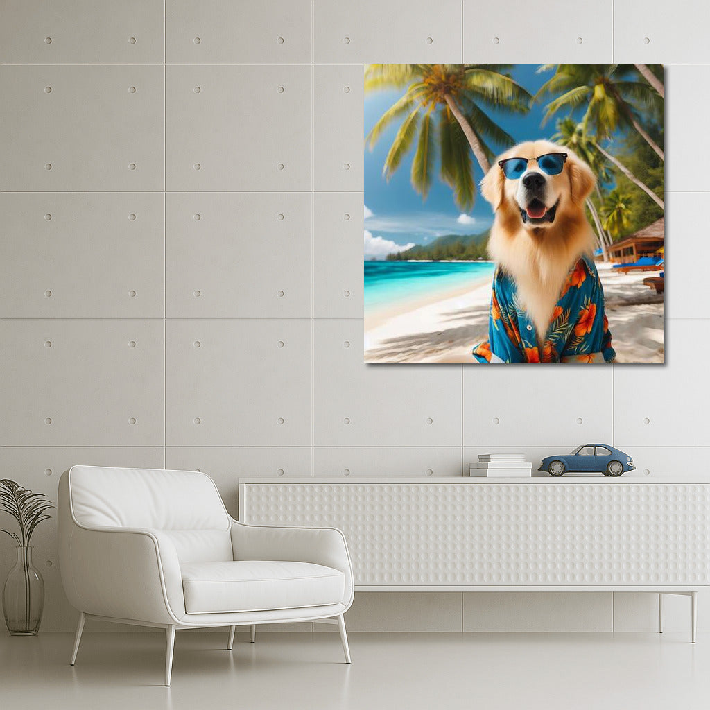 Stylish Dog In Hawaiian Shirt On Tropical Beach