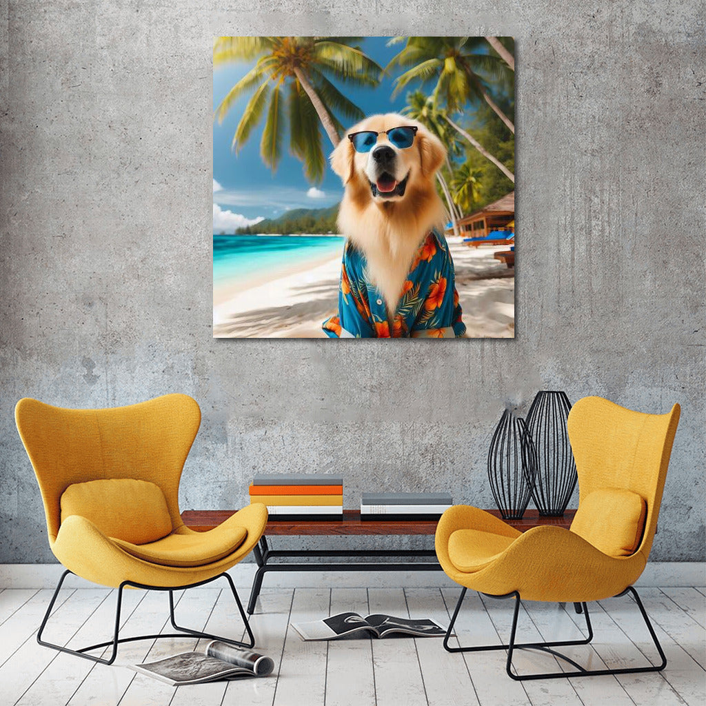 Stylish Dog In Hawaiian Shirt On Tropical Beach