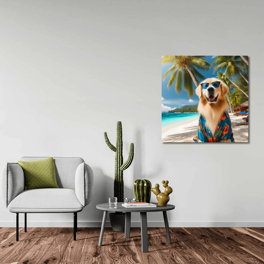 Stylish Dog In Hawaiian Shirt On Tropical Beach