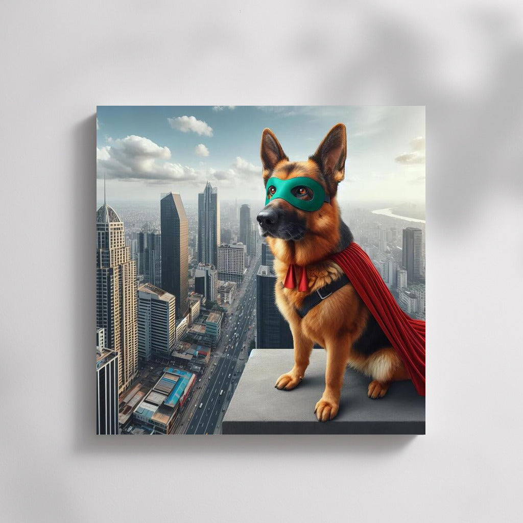 Brave Dog Superhero in Mask and Cape: City Defender