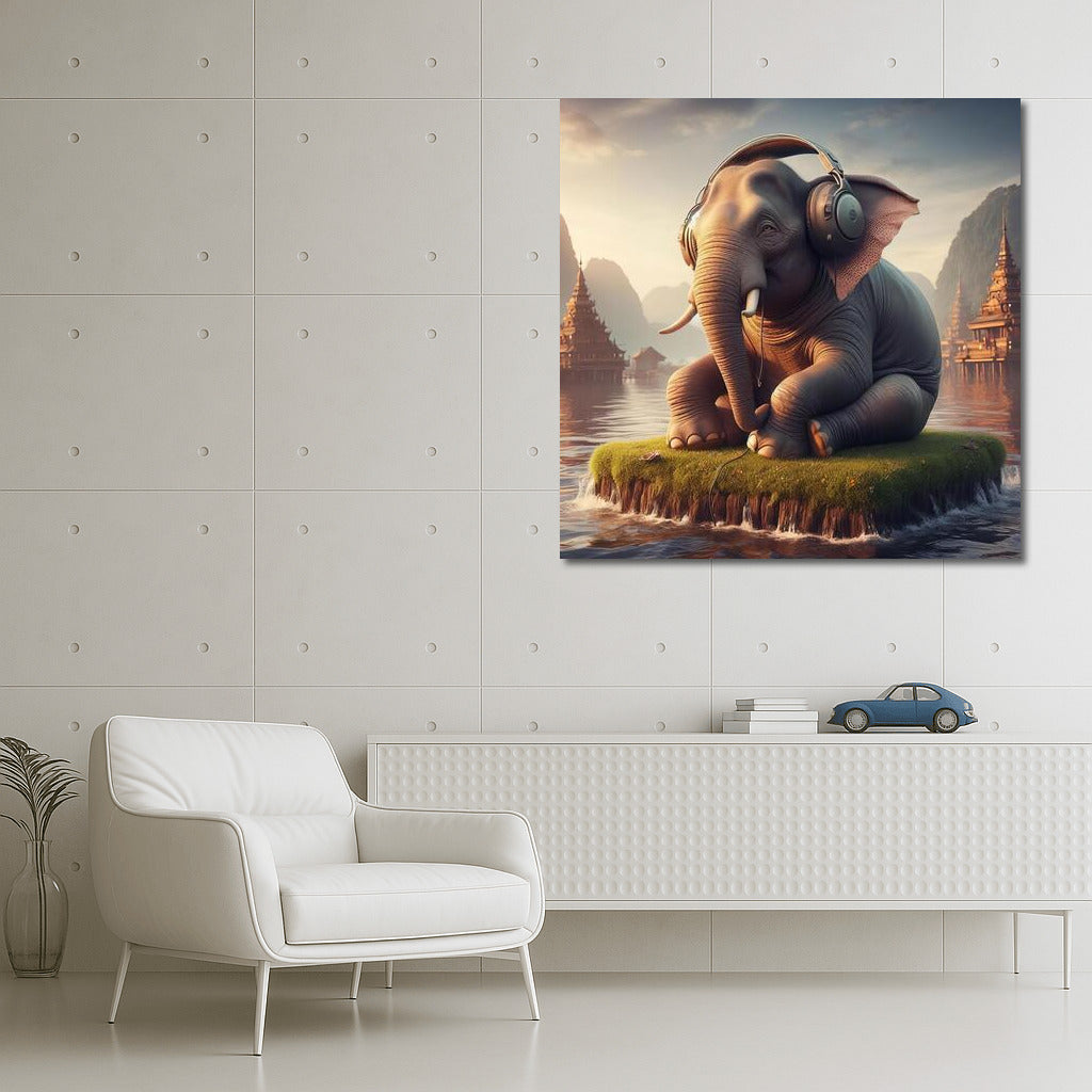 Melodious Elephant with Headphones on the Island of Tranquility