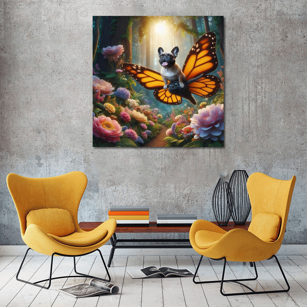 French Bulldog on Butterfly Wings in a Magical Forest