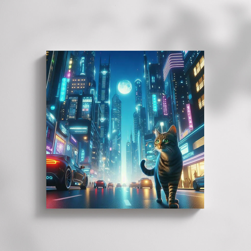 Neon Cat in a Futuristic Metropolis: A Walk Among High Technologies and Glowing Machines