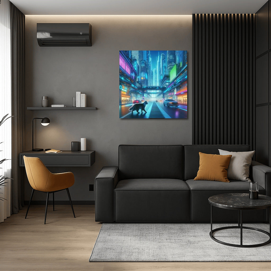 Neon Cat in the Heart of a Futuristic Metropolis