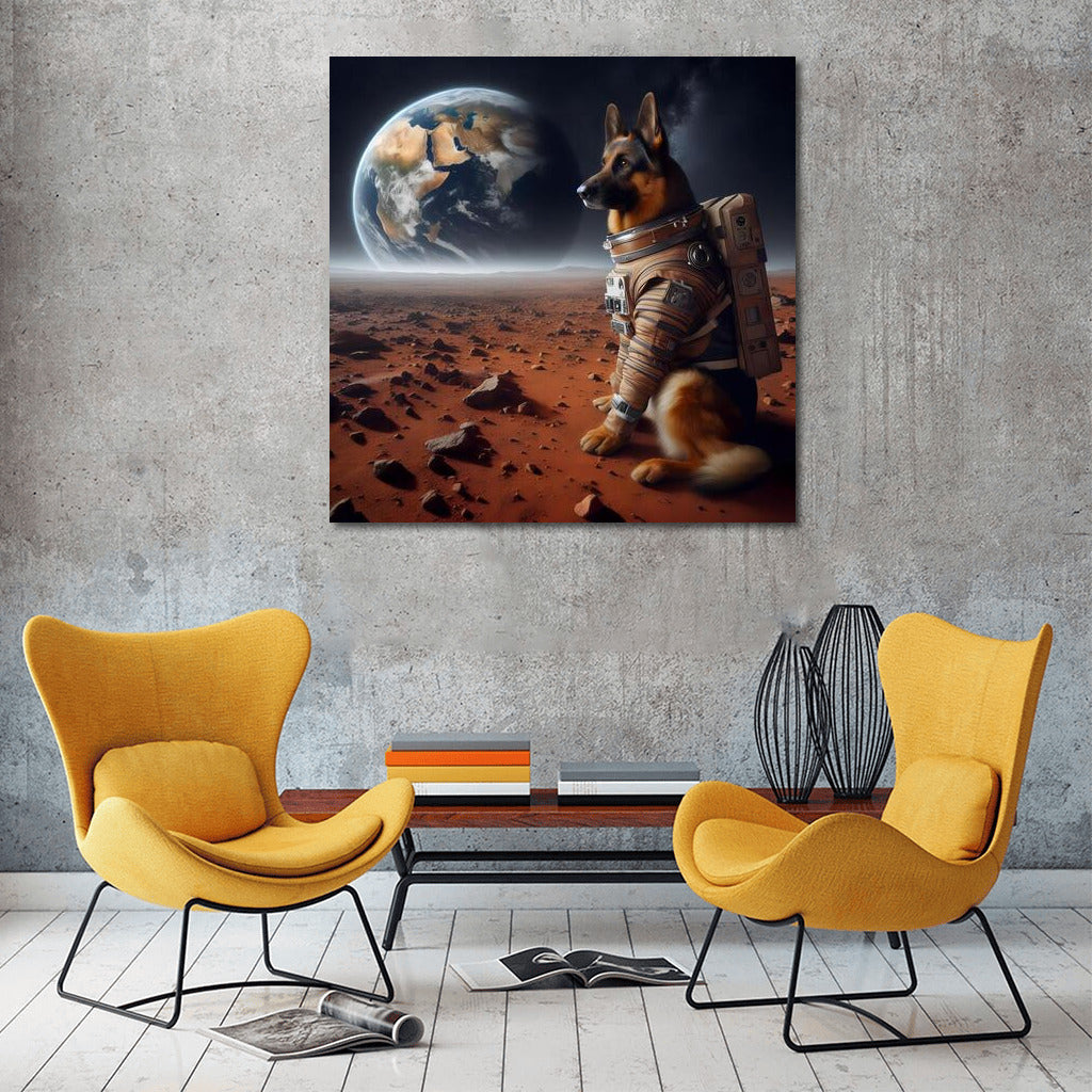Space Dream: German Shepherd in Spacesuit on Mars Looking at Earth