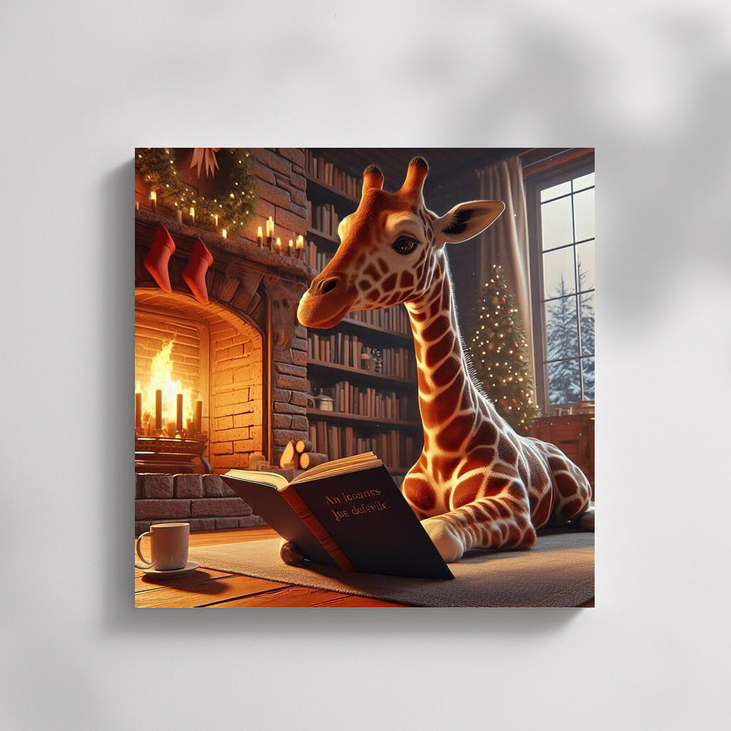 Giraffe by the Fireplace: Reading in Comfort and Warmth