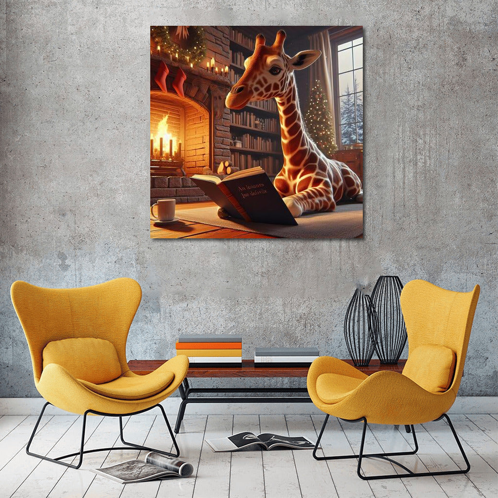 Giraffe by the Fireplace: Reading in Comfort and Warmth